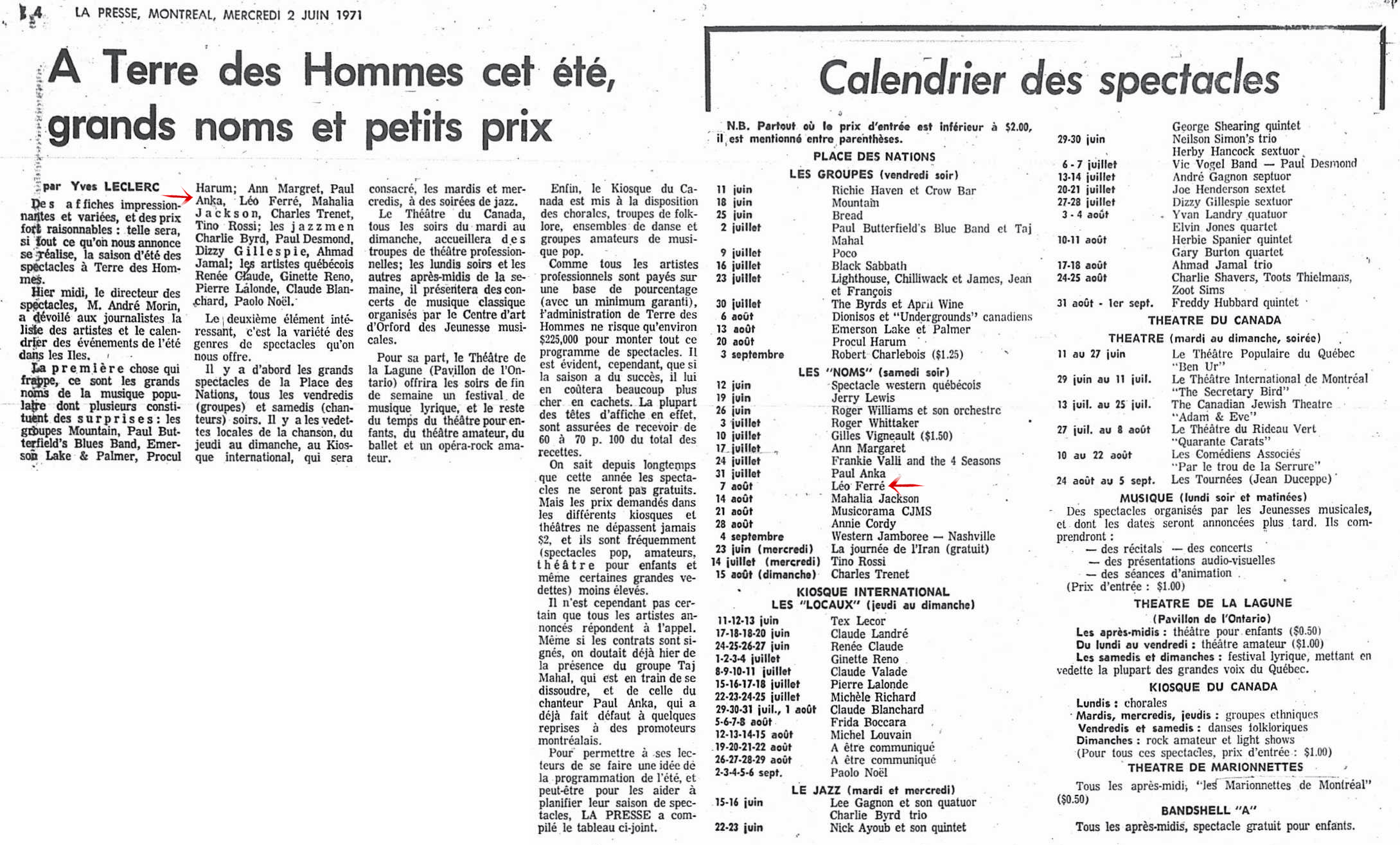 Léo Ferré - La presse, 1884- (Montréal), 2 juin 1971, Cahier E