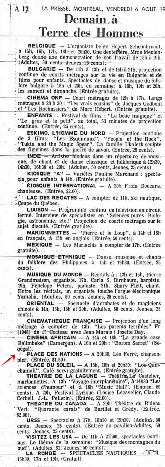 Léo Ferré - La presse, 1884- (Montréal), 6 août 1971, Cahier A