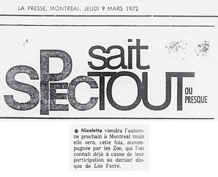 Léo Ferré - La presse, 1884- (Montréal), 9 mars 1972, C. Spec