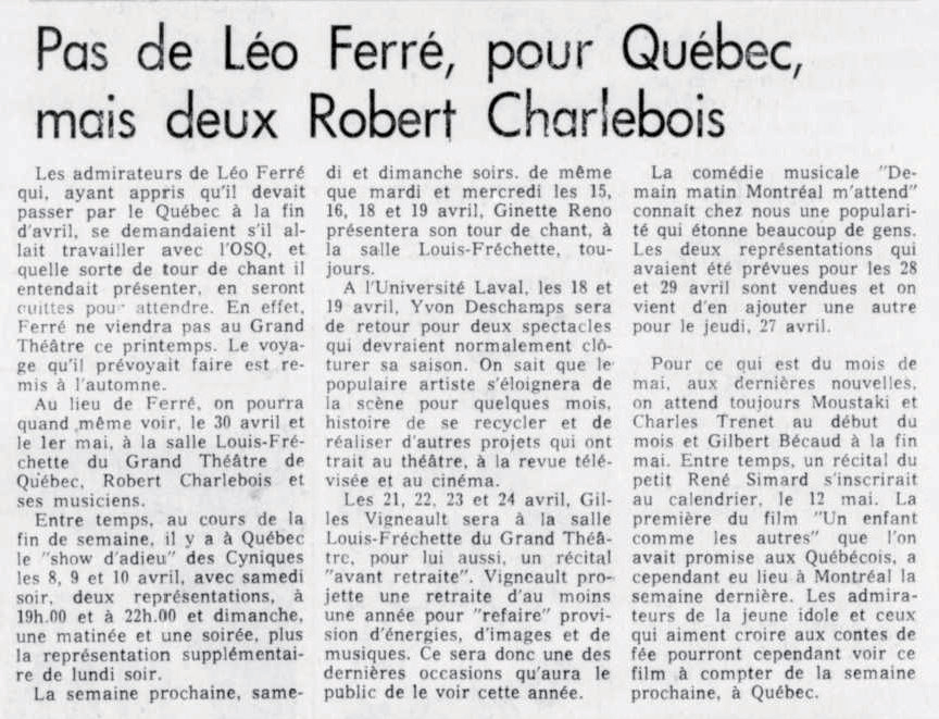Léo Ferré - Le soleil, 1896- (Québec), samedi 8 avril 1972