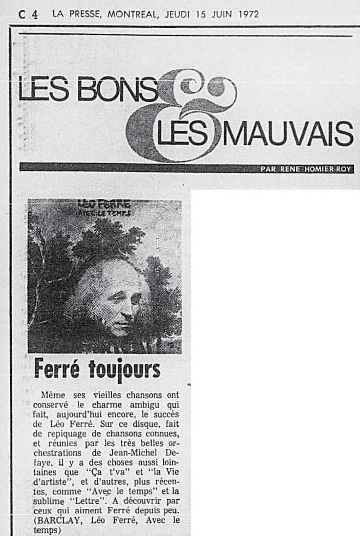 Léo Ferré - La presse, 1884- (Montréal), 15 juin 1972, C. Spec
