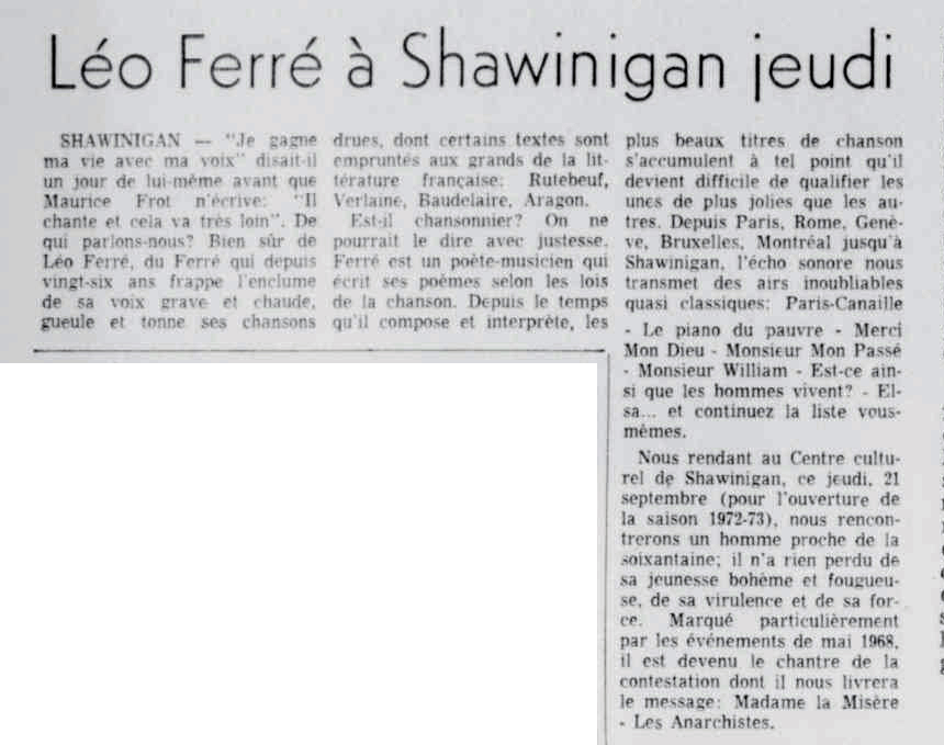 Léo Ferré - Le nouvelliste, 1920-, lundi 18 septembre 1972