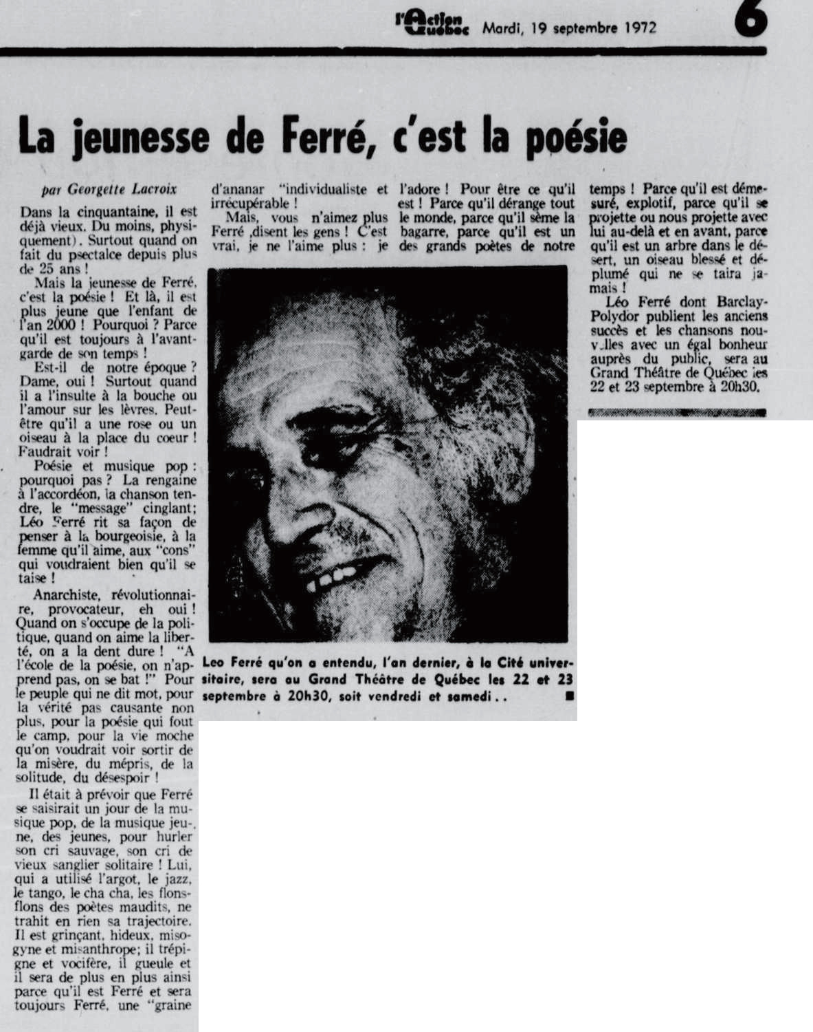 Léo Ferré - L'Action-Québec, 1971-1973, mardi 19 septembre 1972