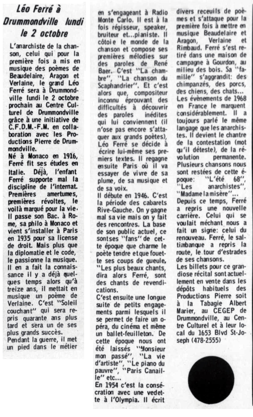 Léo Ferré - Courrier Sud, 1964- (Nicolet), mardi 26 septembre 1972