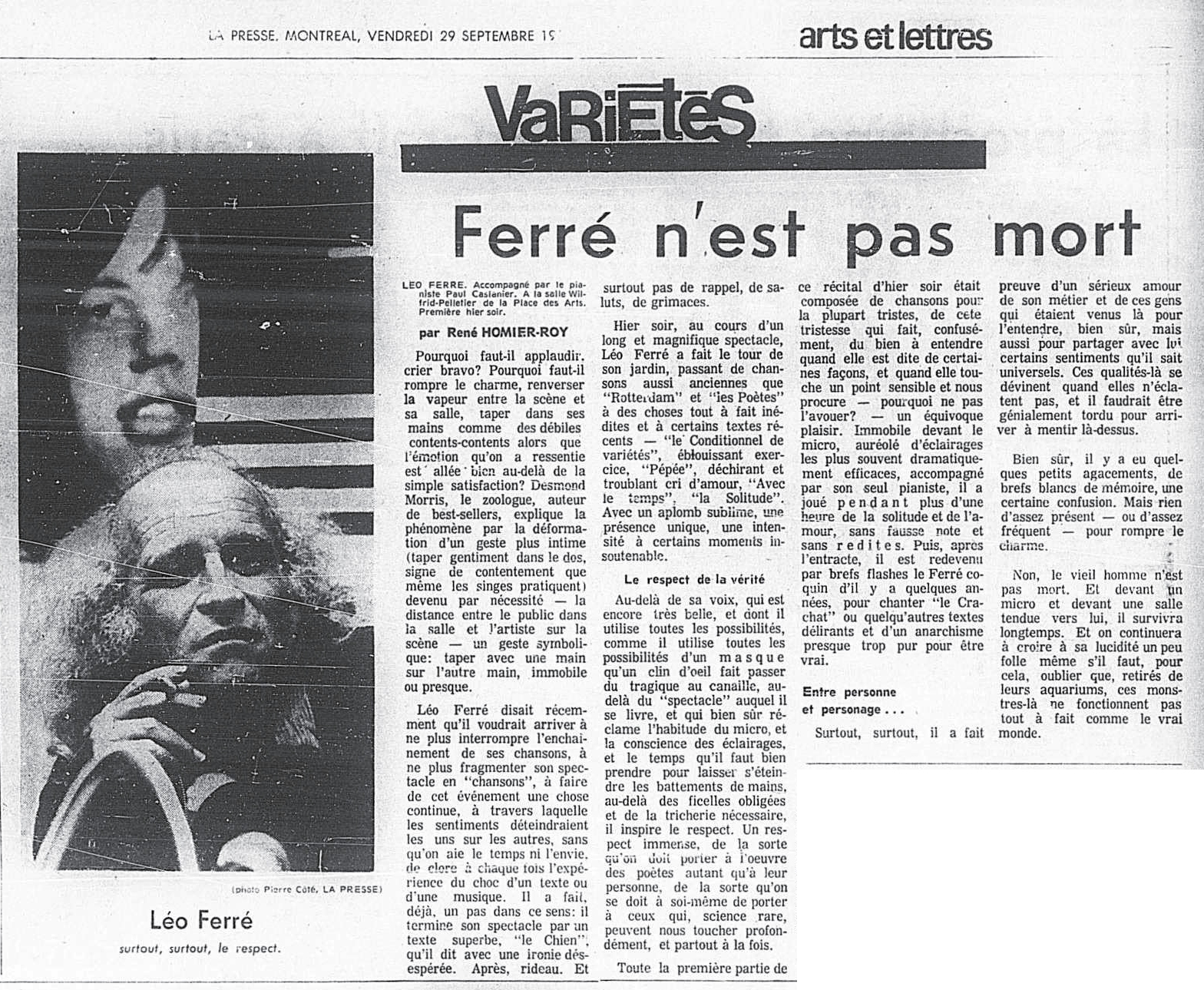 Léo Ferré - La presse, 1884- (Montréal), 29 septembre 1972, Cahier A & Page(s) corrigée(s)