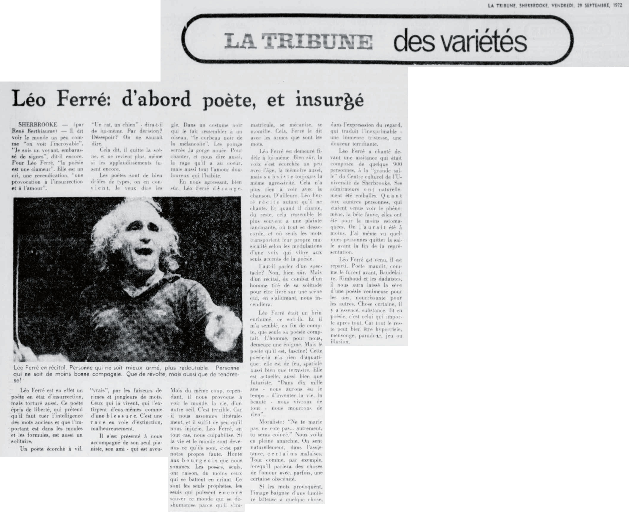 Léo Ferré - La tribune, 1910-, vendredi 29 septembre 1972