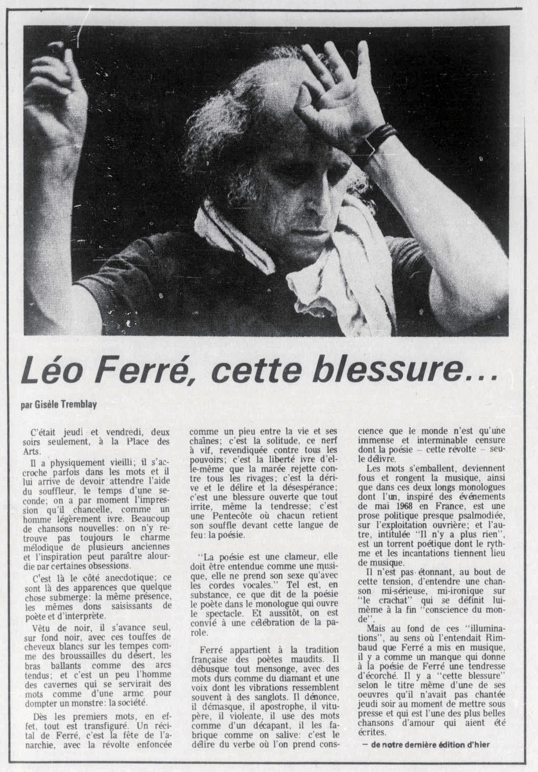 Léo Ferré - Le devoir, 1910- (Montréal), samedi 30 septembre 1972