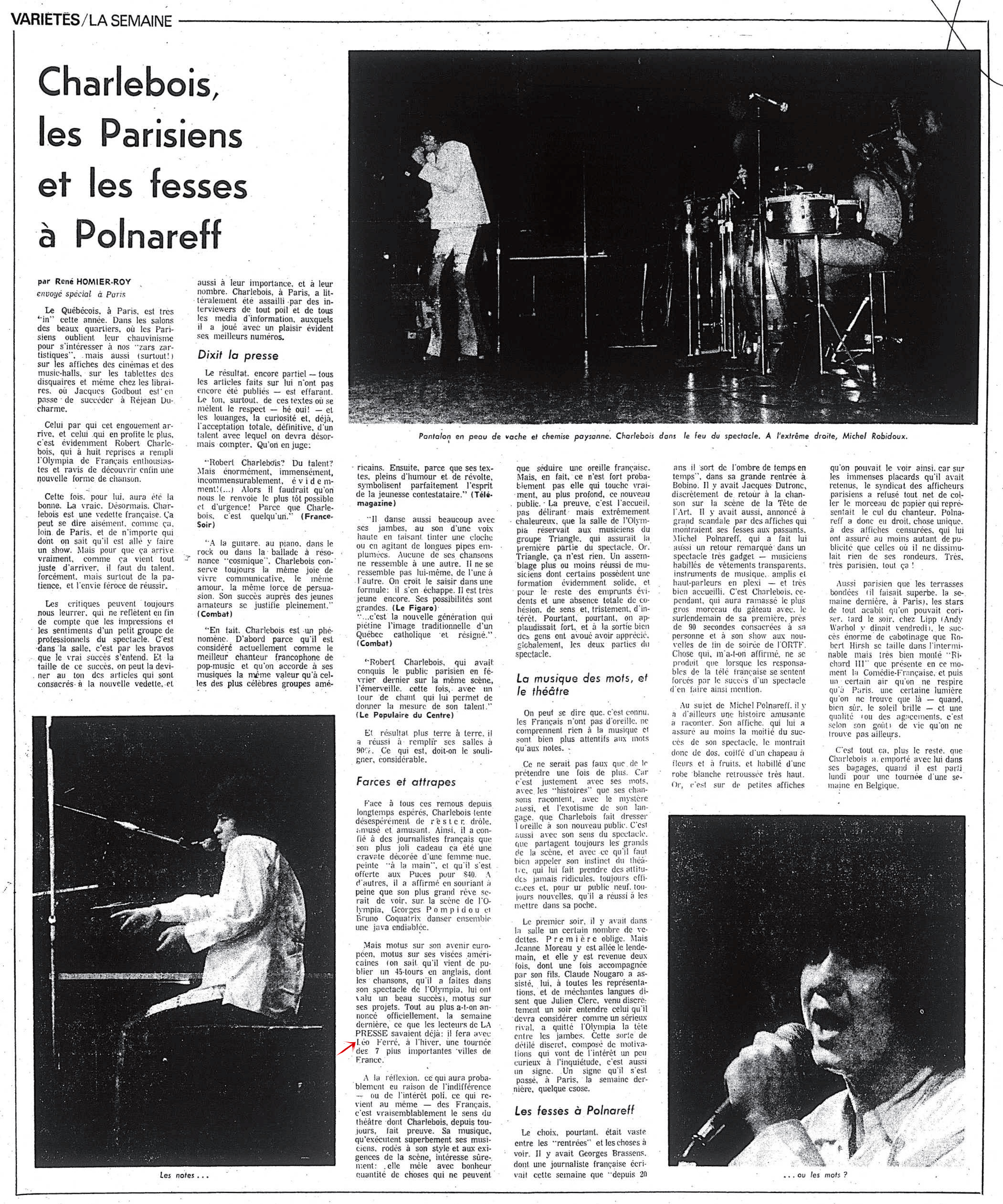 Léo Ferré - La presse, 1884- (Montréal), 12 octobre 1972, Page(s) corrigée(s)