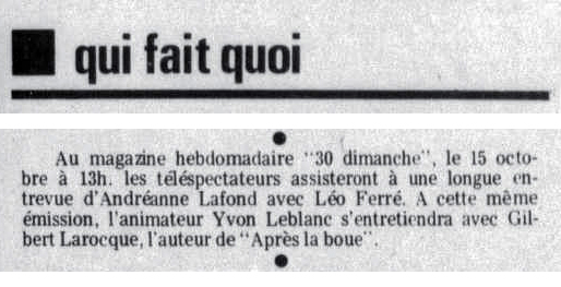 Léo Ferré - Le devoir, 1910- (Montréal), vendredi 13 octobre 1972