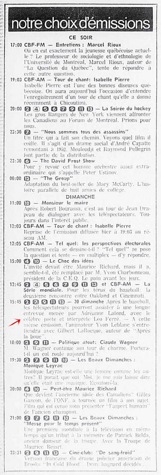 Léo Ferré - La presse, 1884- (Montréal), 14 octobre 1972, C. Arts et lettres