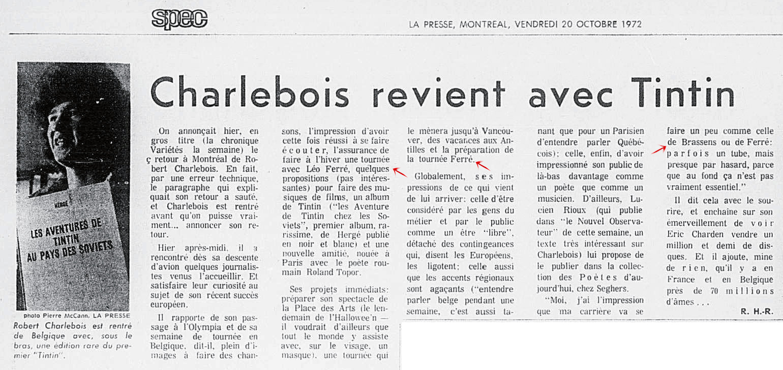 Léo Ferré - La presse, 1884- (Montréal), 20 octobre 1972, Cahier A