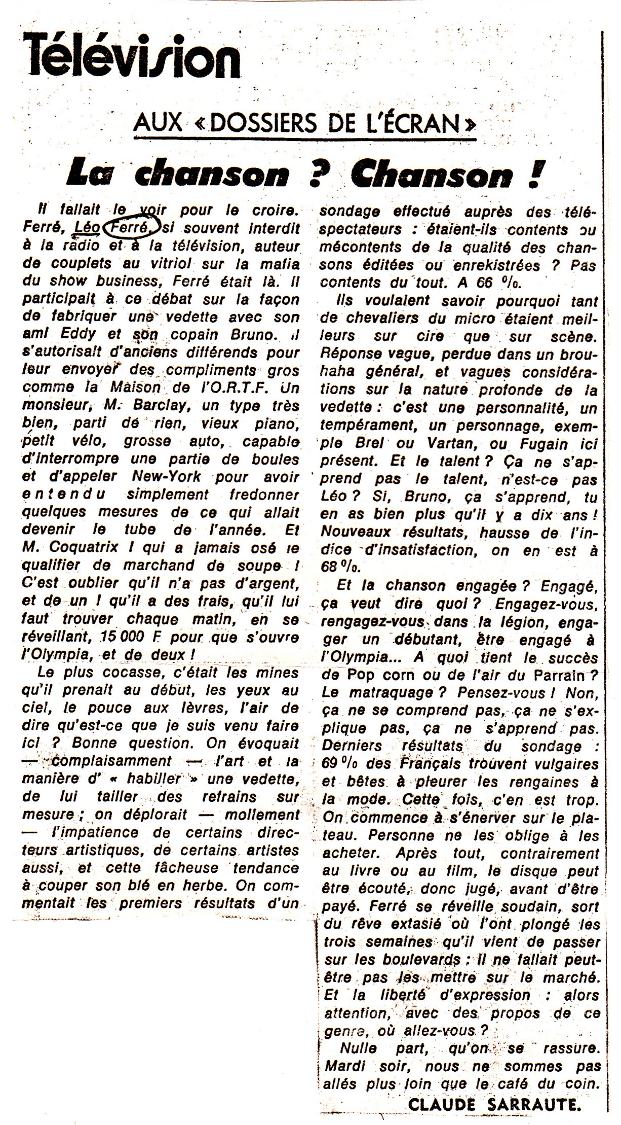 Léo Ferré - Le Monde du 7 décembre 1972