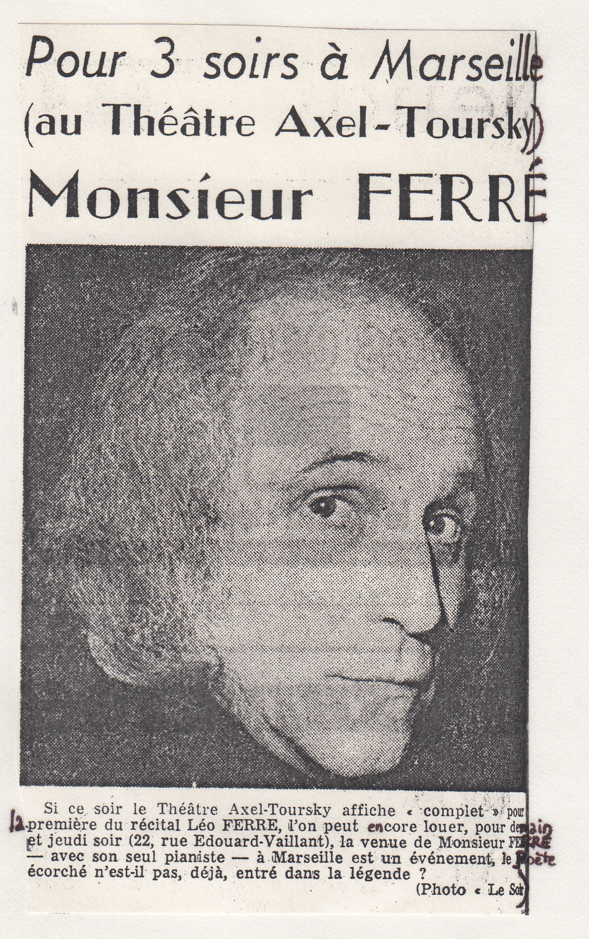 Léo Ferré - Le Soir de Marseille du 19 décembre 1972