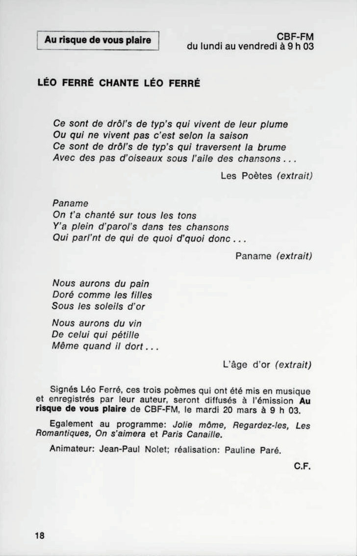Léo Ferré - Ici Radio-Canada, 1966-1985, 17 mars 1973, RADIO