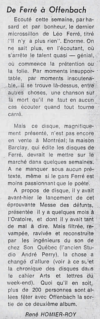 Léo Ferré - La presse, 1884- (Montréal), 22 mars 1973, D. Arts et spectacles