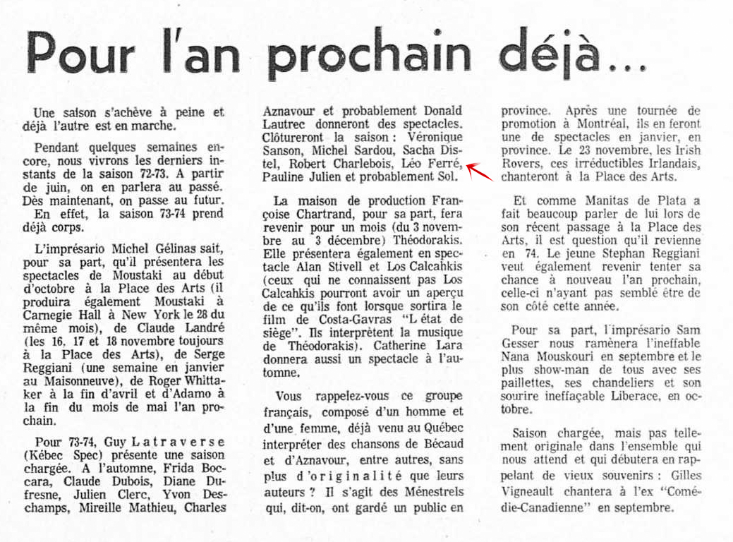 Léo Ferré - La presse, 1884- (Montréal), 17 mai 1973, B. Arts et spectacles & Pages corrigées