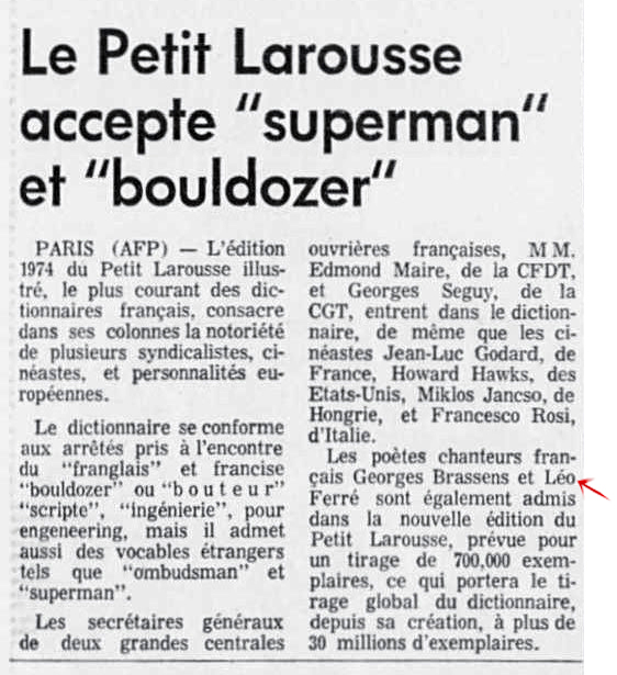 Léo Ferré - La presse, 1884- (Montréal), 11 septembre 1973, B. Hebdo-économique
