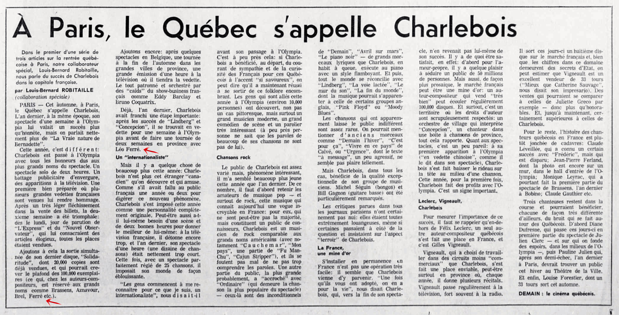 Léo Ferré - La presse, 1884- (Montréal), 8 octobre 1973, Cahier C