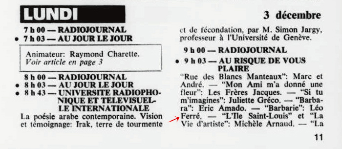 Léo Ferré - Ici Radio-Canada, 1966-1985, 1 décembre 1973, RADIO