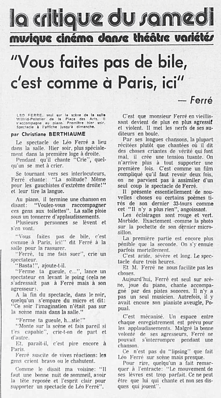 Léo Ferré - La presse, 23 mars 1974, Cahier A