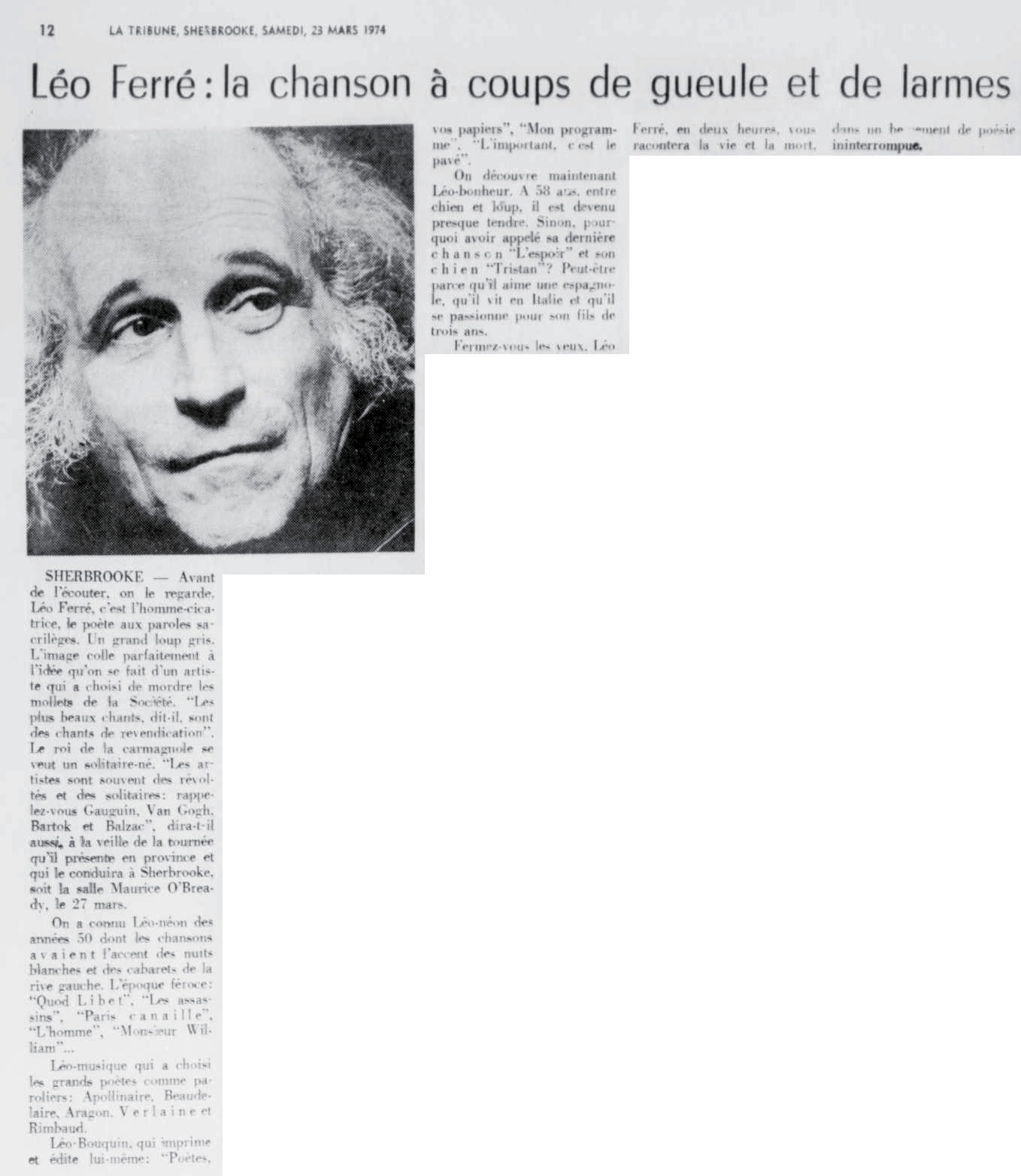 Léo Ferré - La tribune, 1910-, samedi 23 mars 1974