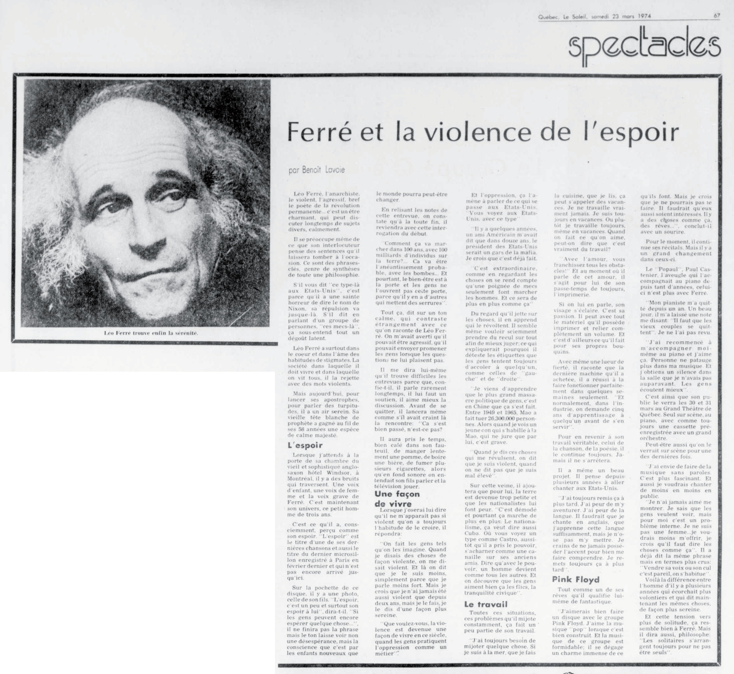 Léo Ferré - Le soleil, 1896- (Québec), samedi 23 mars 1974