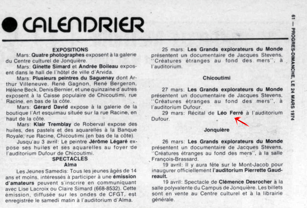 Léo Ferré - Progrès-dimanche, 1964- (Saguenay), dimanche 24 mars 1974