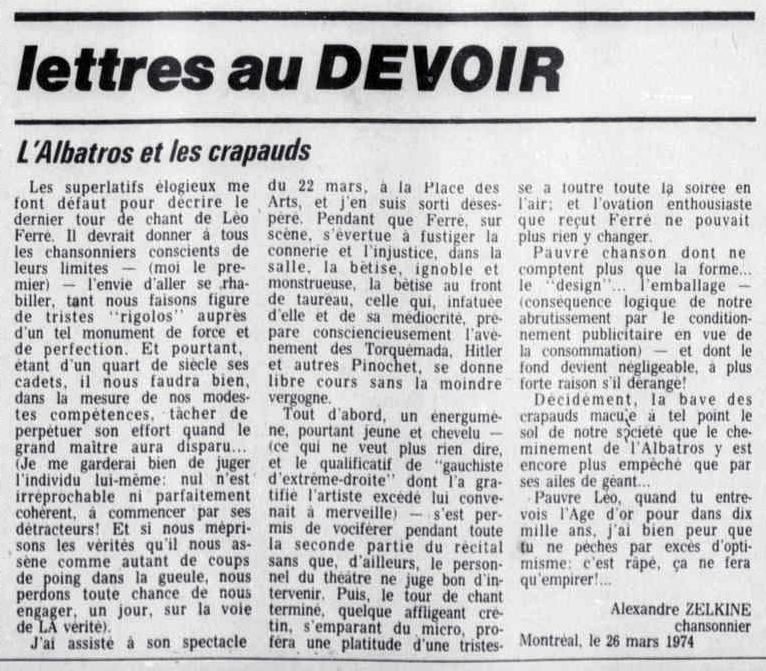 Léo Ferré - Le devoir, 1910- (Montréal), jeudi 28 mars 1974