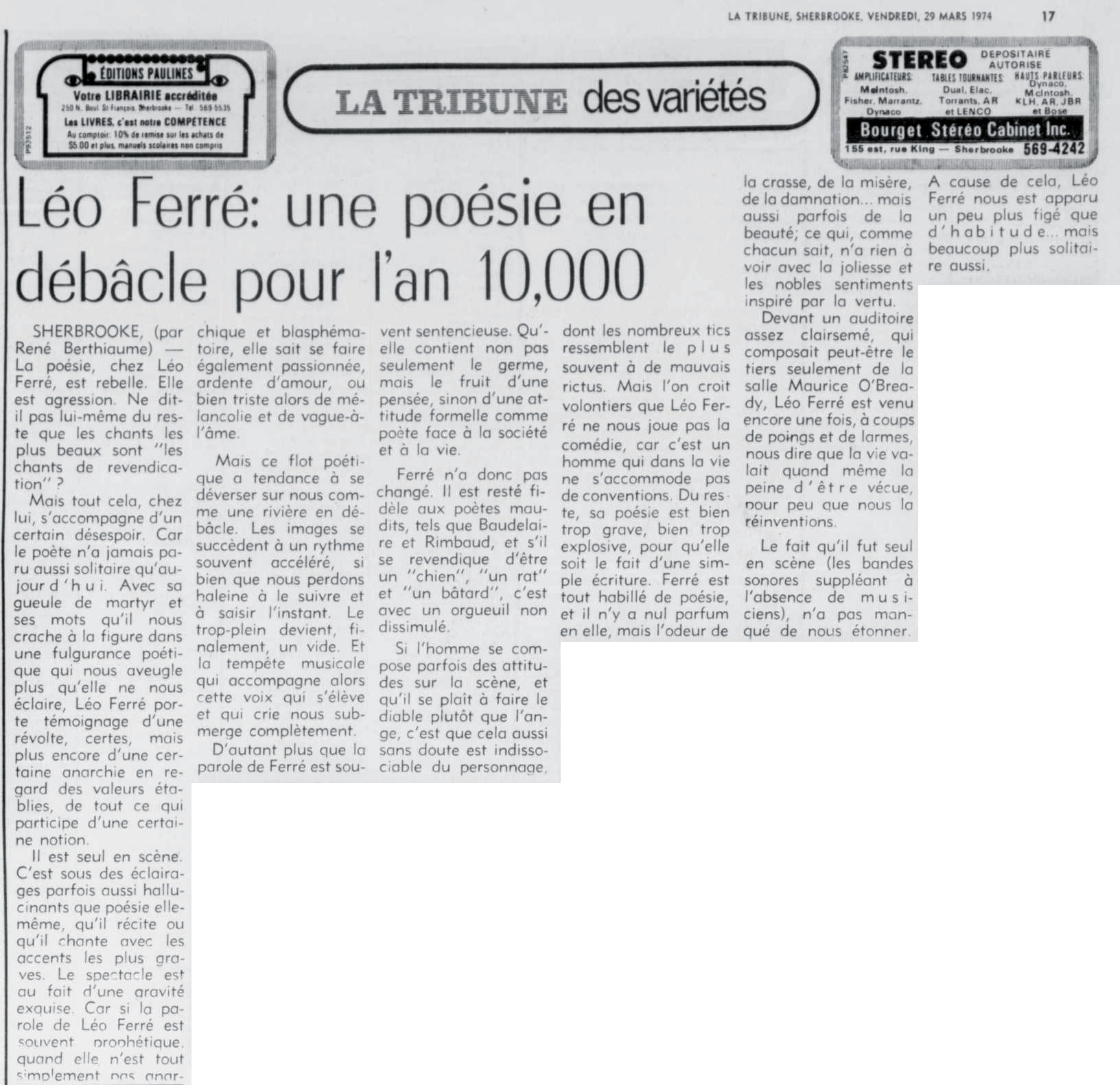 Léo Ferré - La tribune, 1910-, vendredi 29 mars 1974
