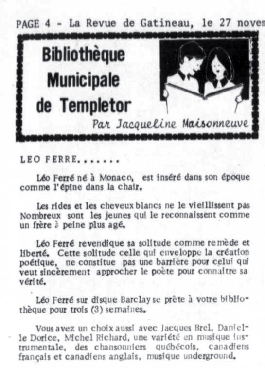 Léo Ferré - La revue de Gatineau, 1966-1977, mercredi 27 novembre 1974