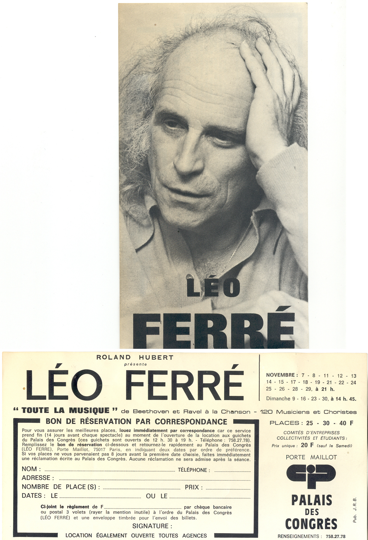 Léo Ferré - Vente par correspondance du spectacle du Palais des congrès à Paris