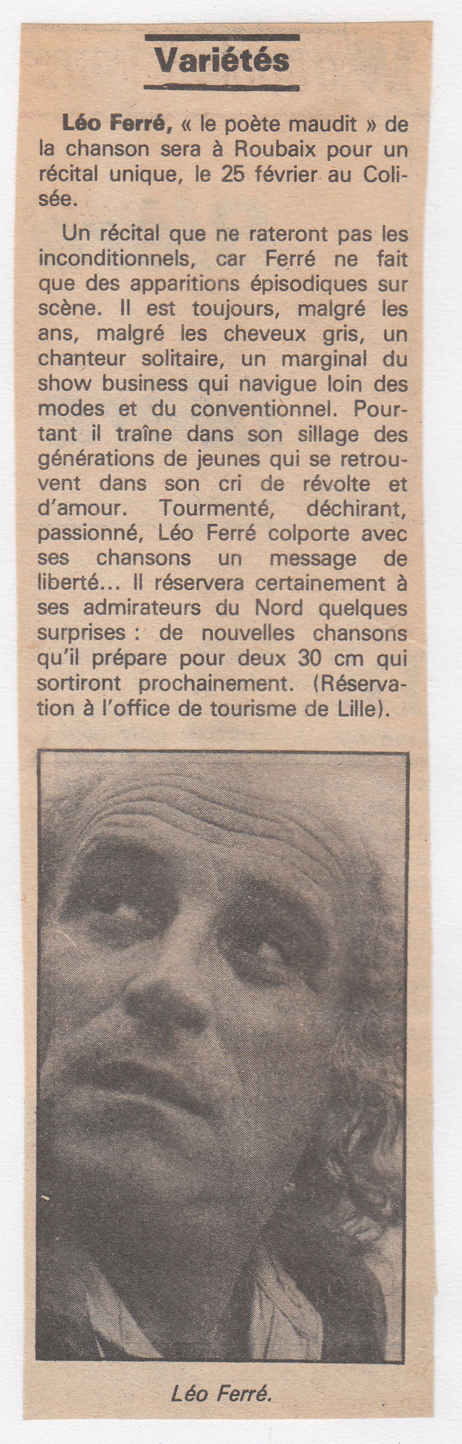 Léo Ferré - La Croix dimanche du Nord du 16 au 18 février 1979