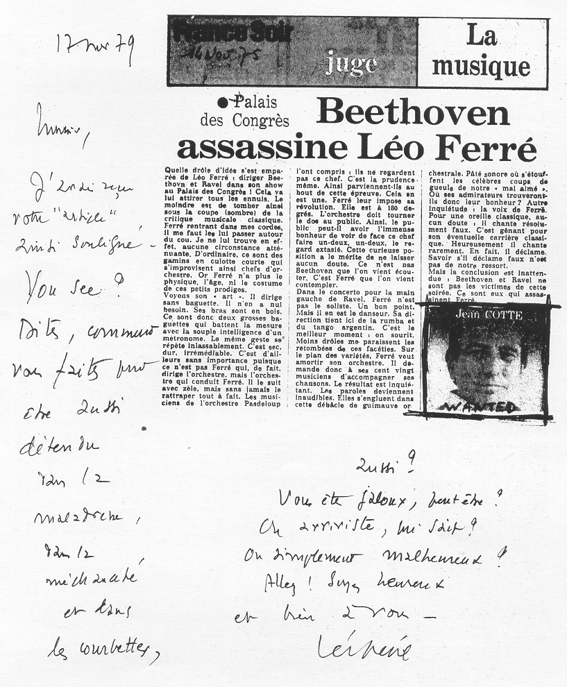 Réponse de Léo Ferré à l'article de Jean Cotte de novembre 1975