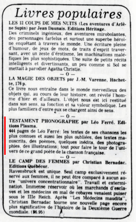 Léo Ferré - Le nouvelliste, 1920-, samedi 16 août 1980