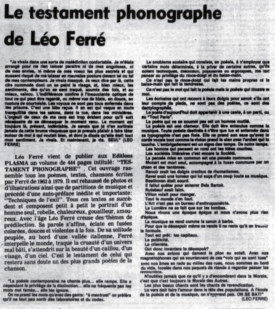 Léo Ferré - L'oeil régional, mercredi 22 octobre 1980