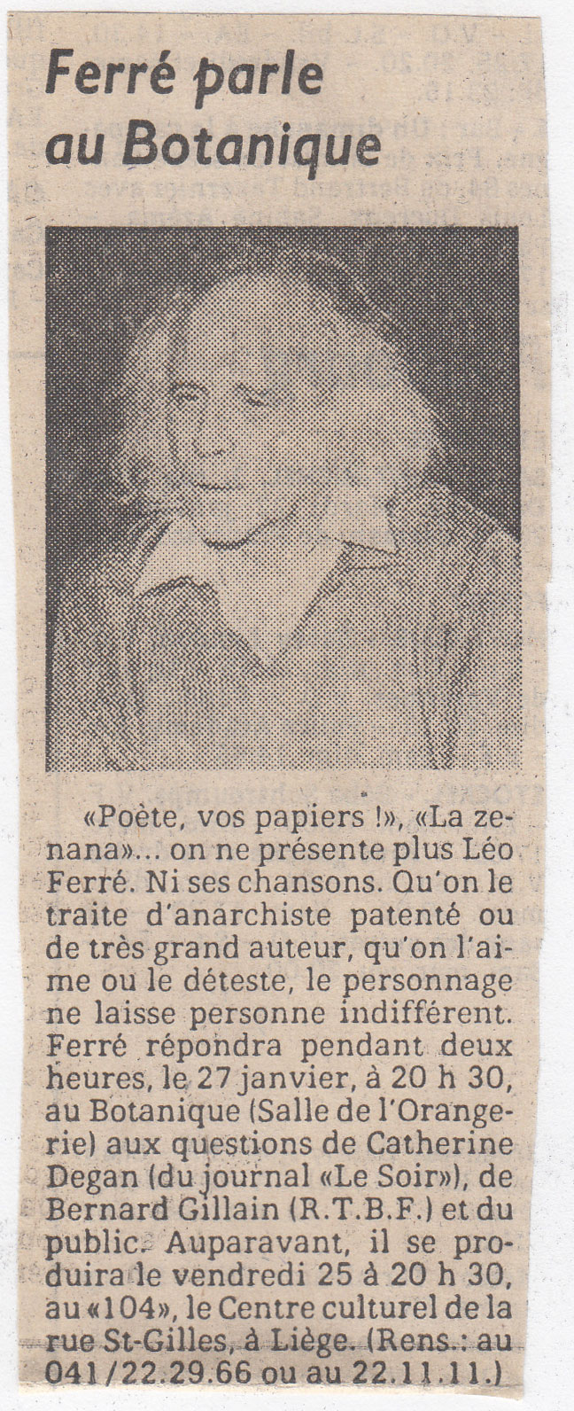 Léo Ferré - La Libre Belgique du 22 janvier 1985