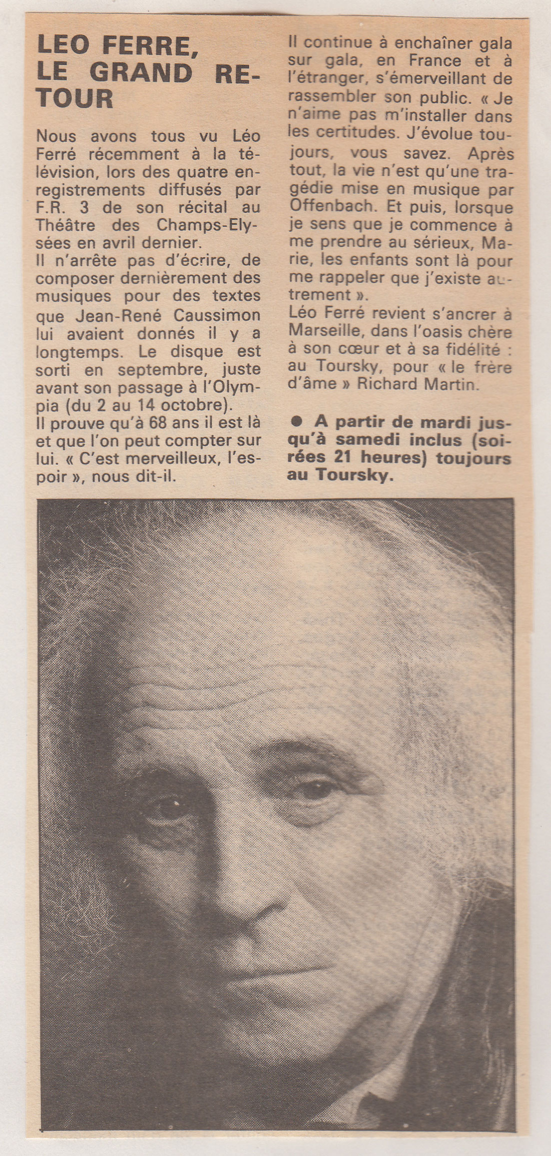 Léo Ferré - Supplément Spectacles du quotidien marseillais, février 1985