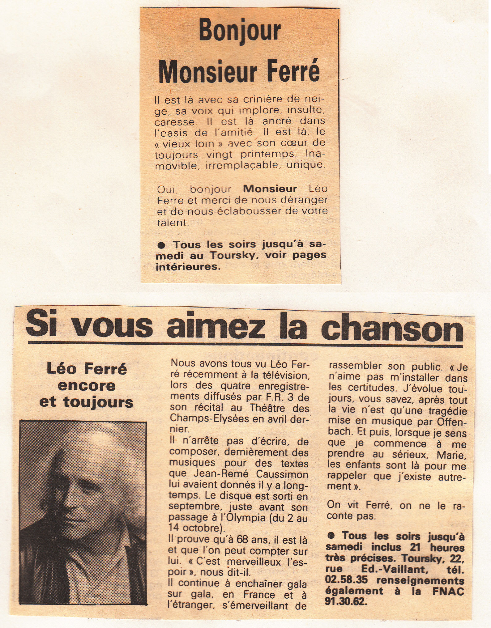 Léo Ferré - Supplément Spectacles du quotidien marseillais, février 1985