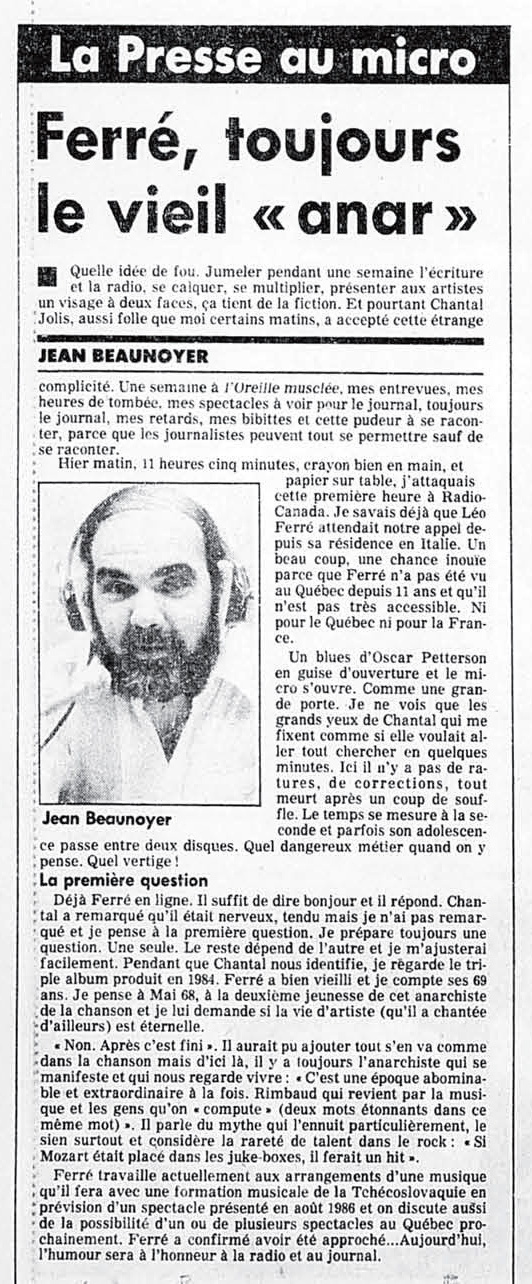 Léo Ferré - La Presse, 12 mars 1985, Cahier A