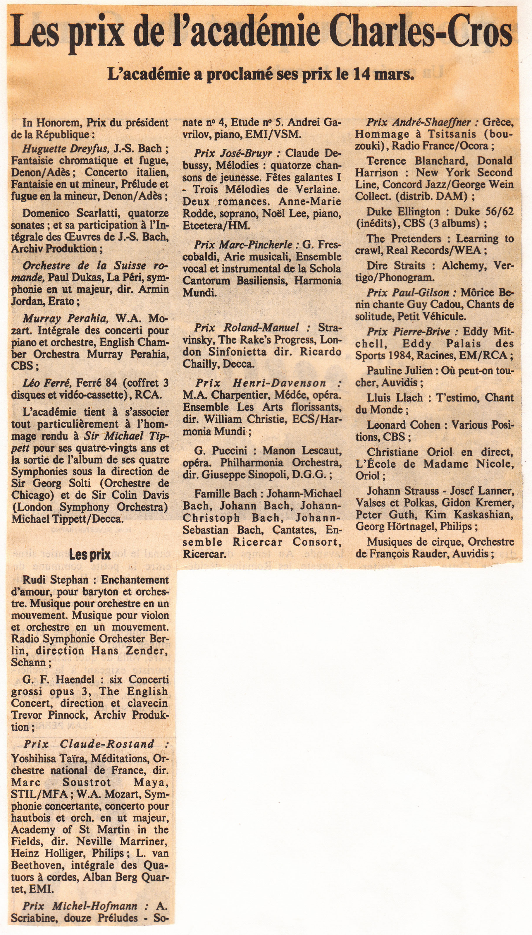 Léo Ferré - Le Monde du 16 mars 1985