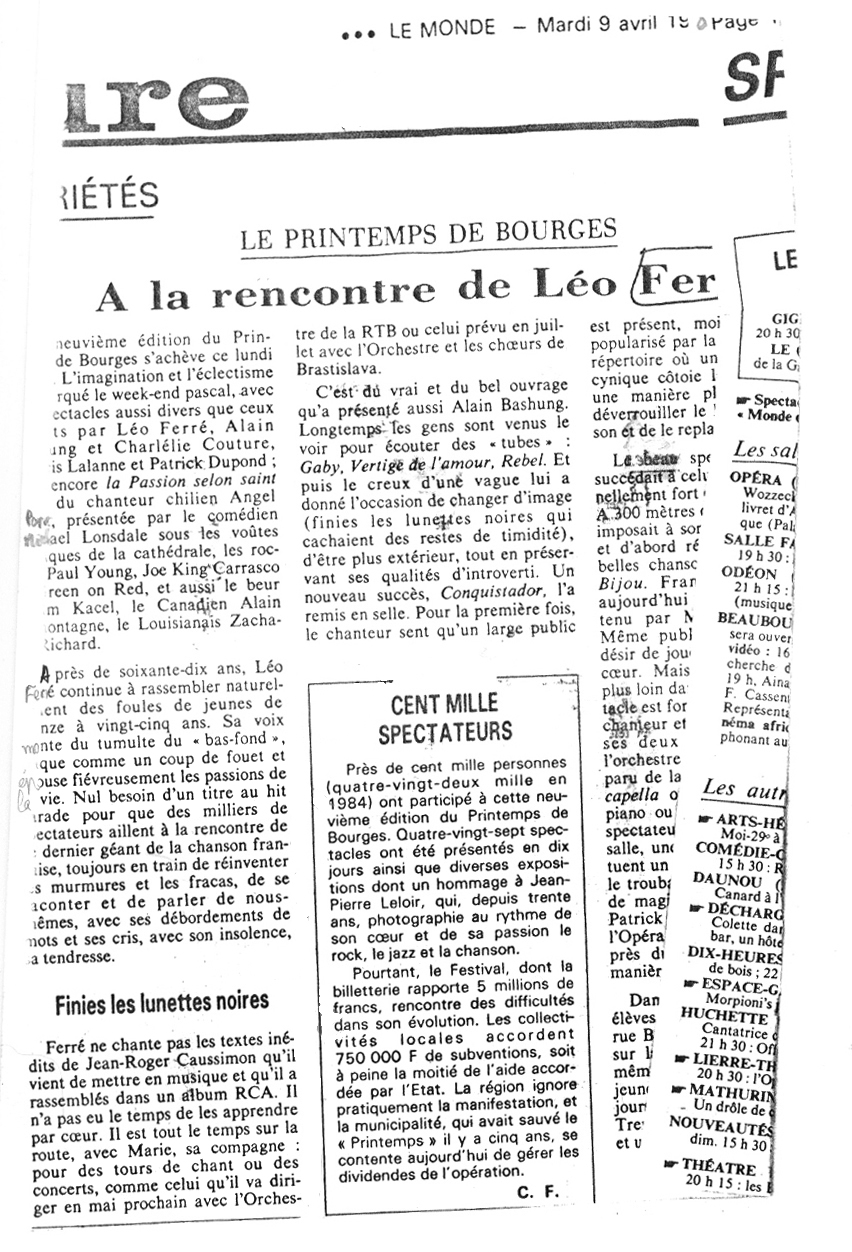 Léo Ferré - Le Monde du 09/04/1985