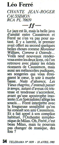 Léo Ferré - Télérama N°1839 du 10/04/1985
