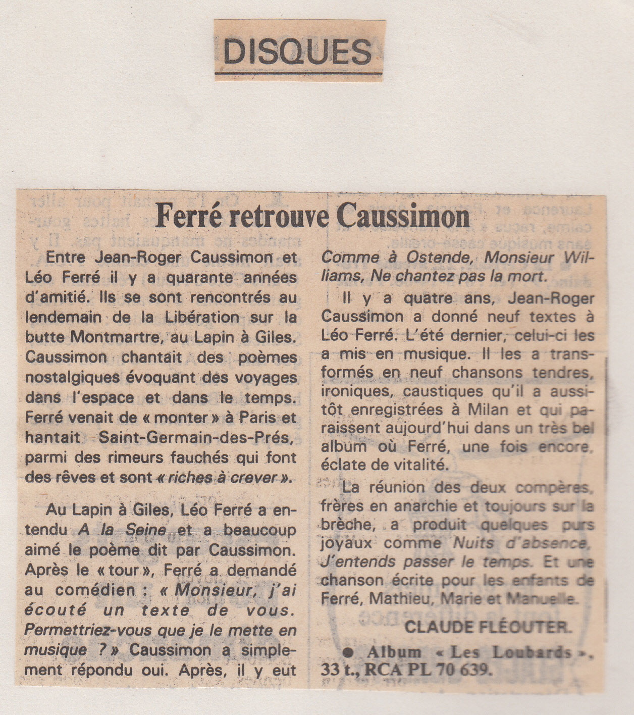 Léo Ferré - Le Monde du 20 avril 1985