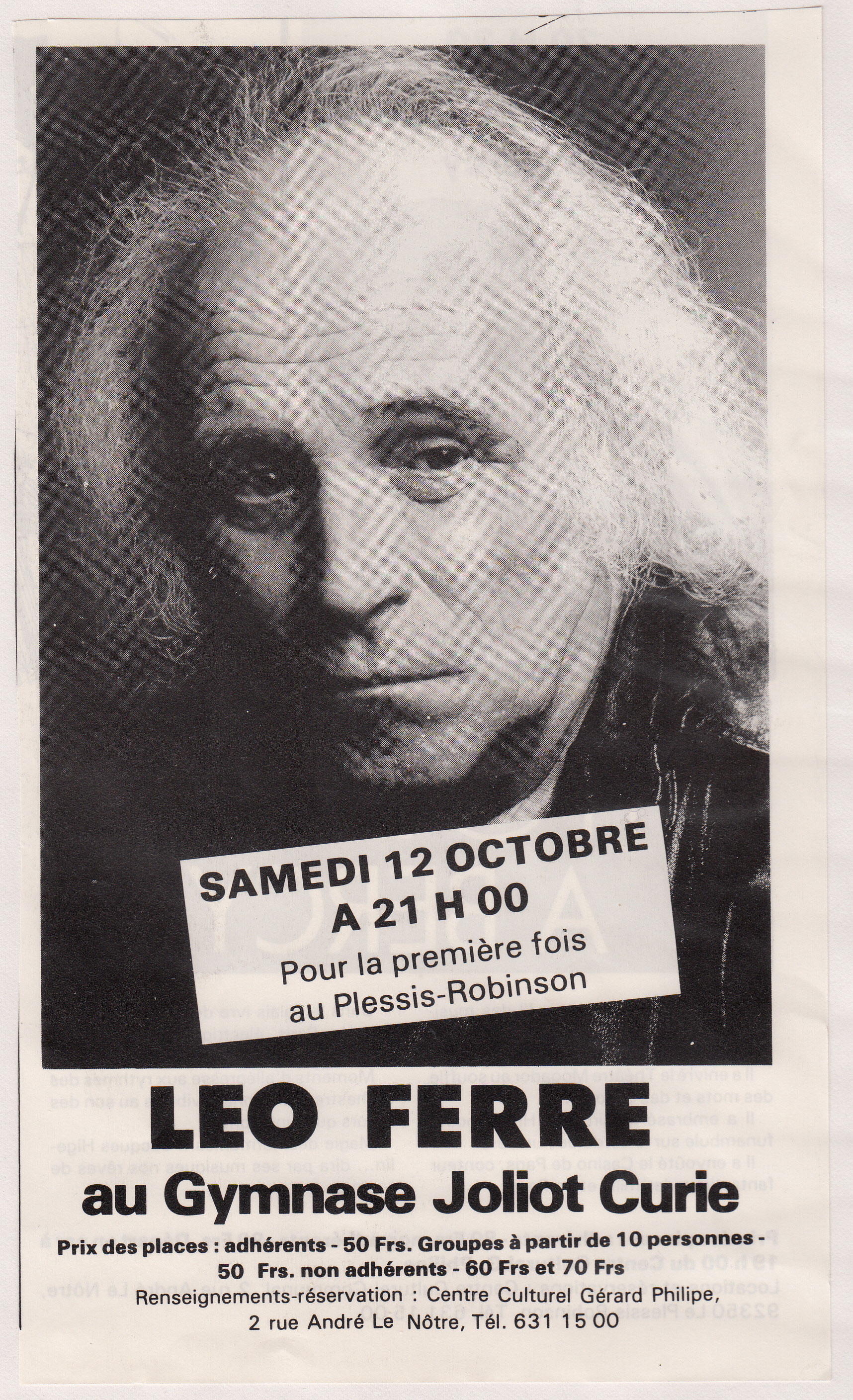 Léo Ferré - L'Agenda du Passeport-Loisirs, journal de la ville du Plessis-Robinson de septembre 1985