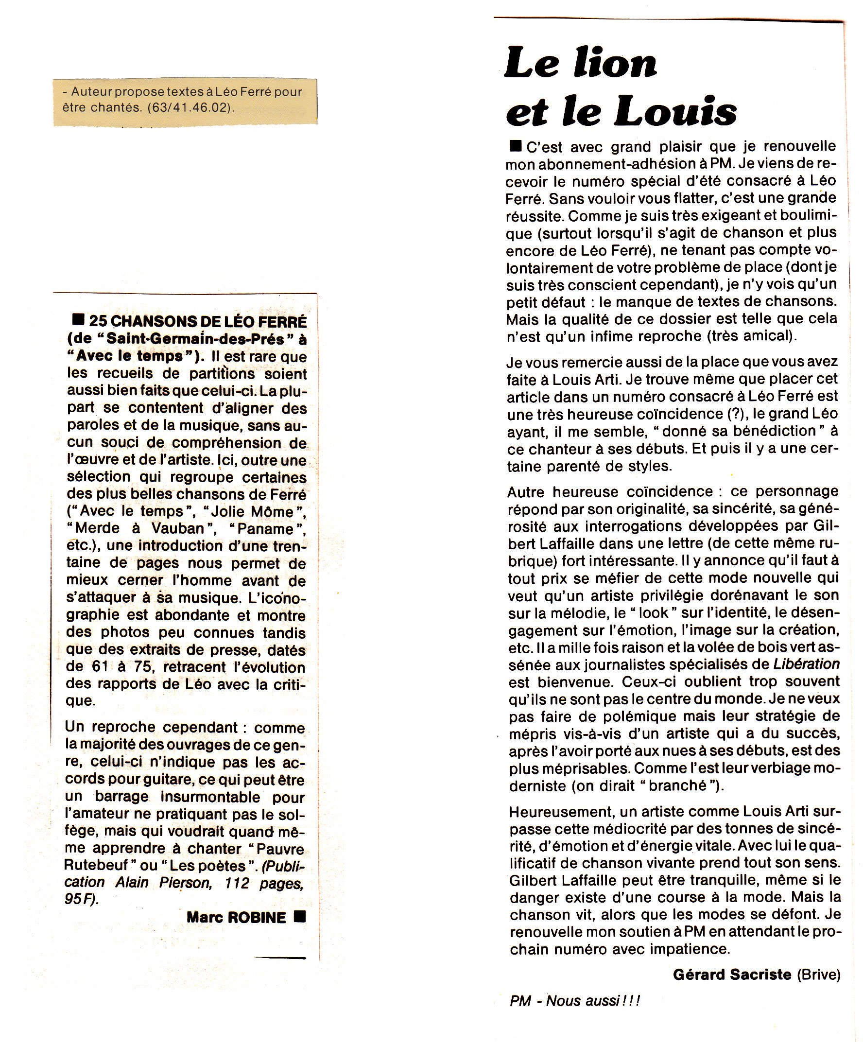 Léo Ferré - Paroles et musique n°52 de septembre 1985