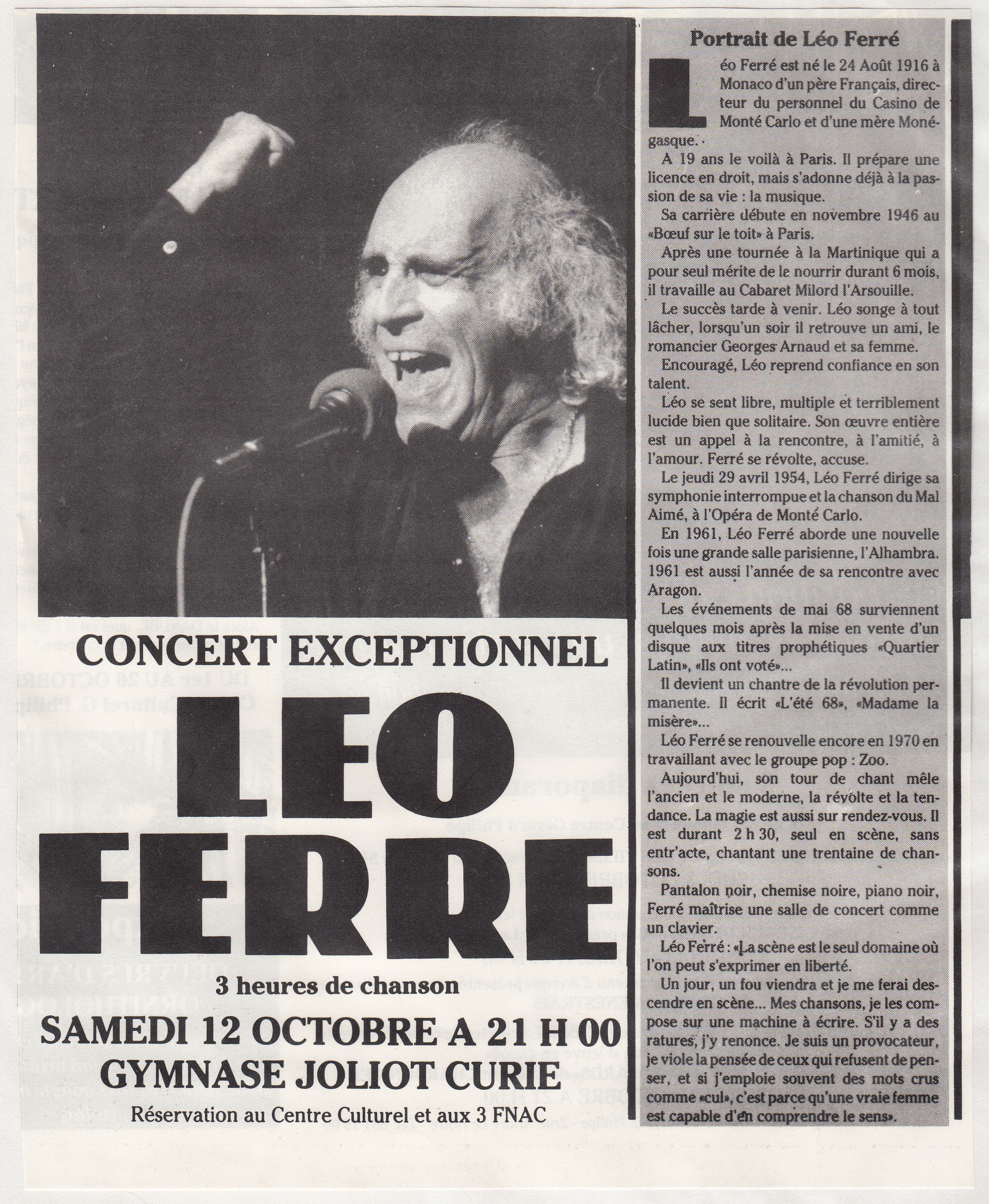 Léo Ferré - L'Agenda du passeport loisirs d'octobre 1985