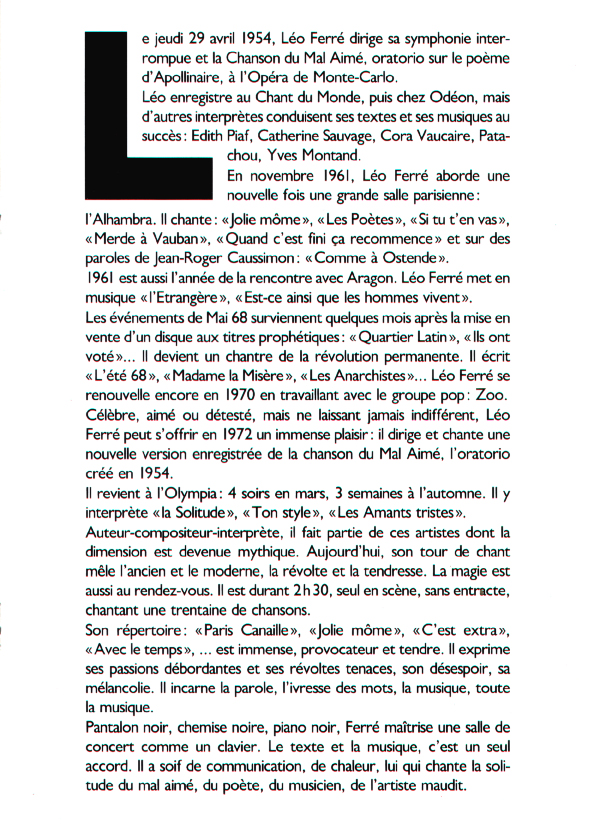 Léo Ferré - Tourcoing programme du 05/10/1985