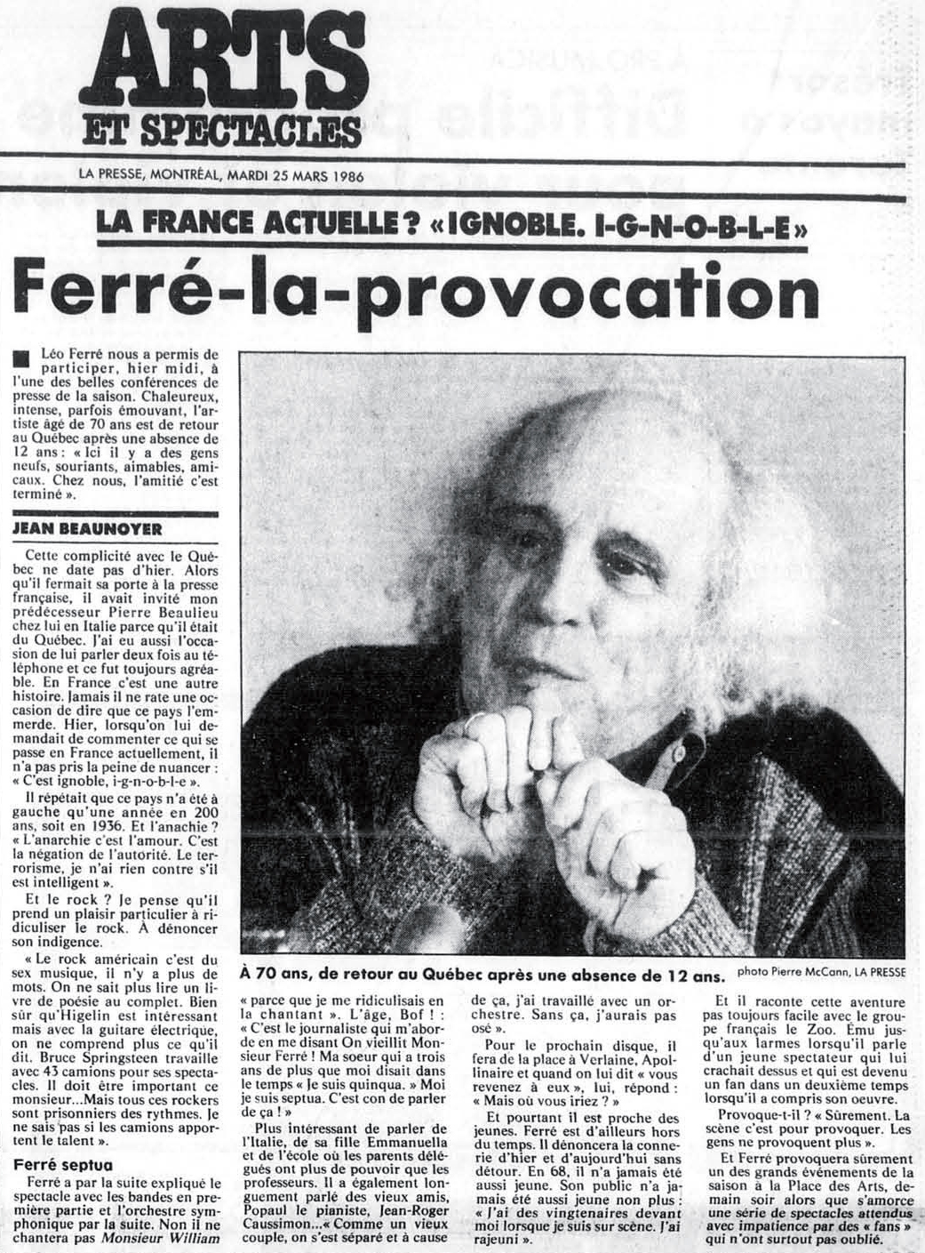 Léo Ferré - La Presse, 25 mars 1986, C. Arts et spectacles