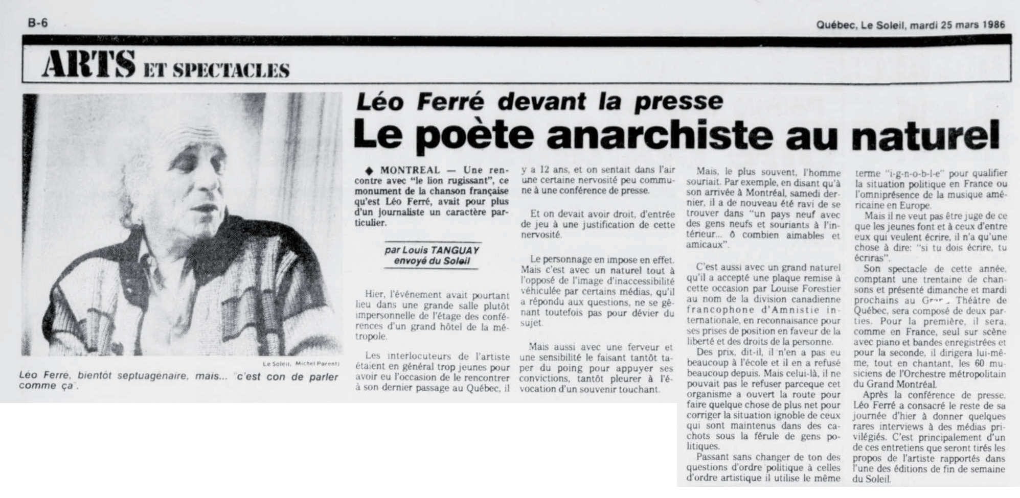 Léo Ferré - Le soleil, 1896- (Québec), 25 mars 1986, Cahier B