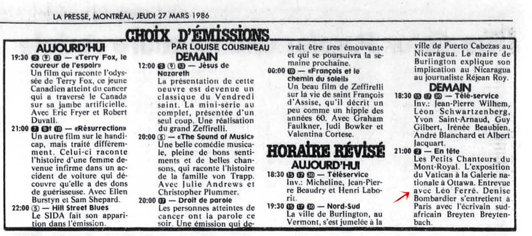 Léo Ferré - La Presse, 27 mars 1986, C. Arts et spectacles